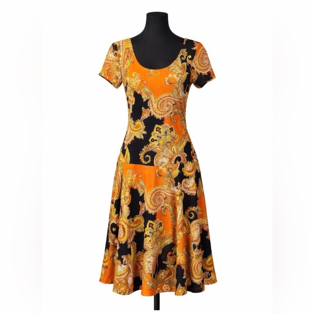Lauren Ralph Lauren Orange Dark Navy Paisley Midi Dress M Stagecoach Western